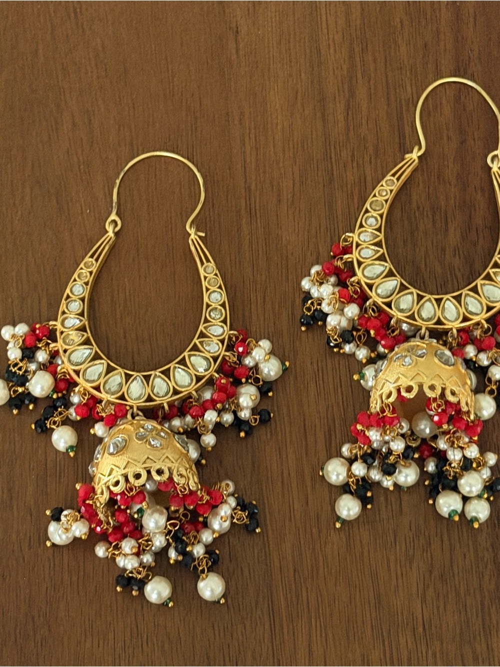 Gold Kundan Jhumka Earrings with Red, Black and Pearl Beads